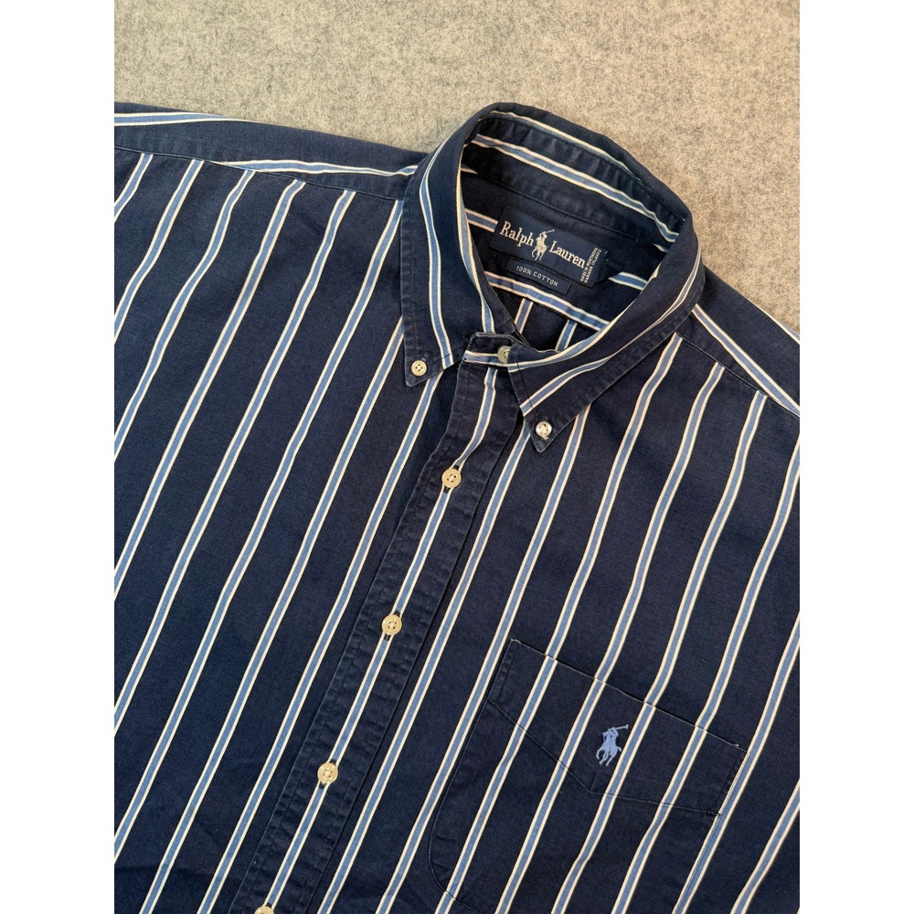 Polo Ralph Lauren Mens Large Striped Button Down Shirt Navy Blue White Cotton L